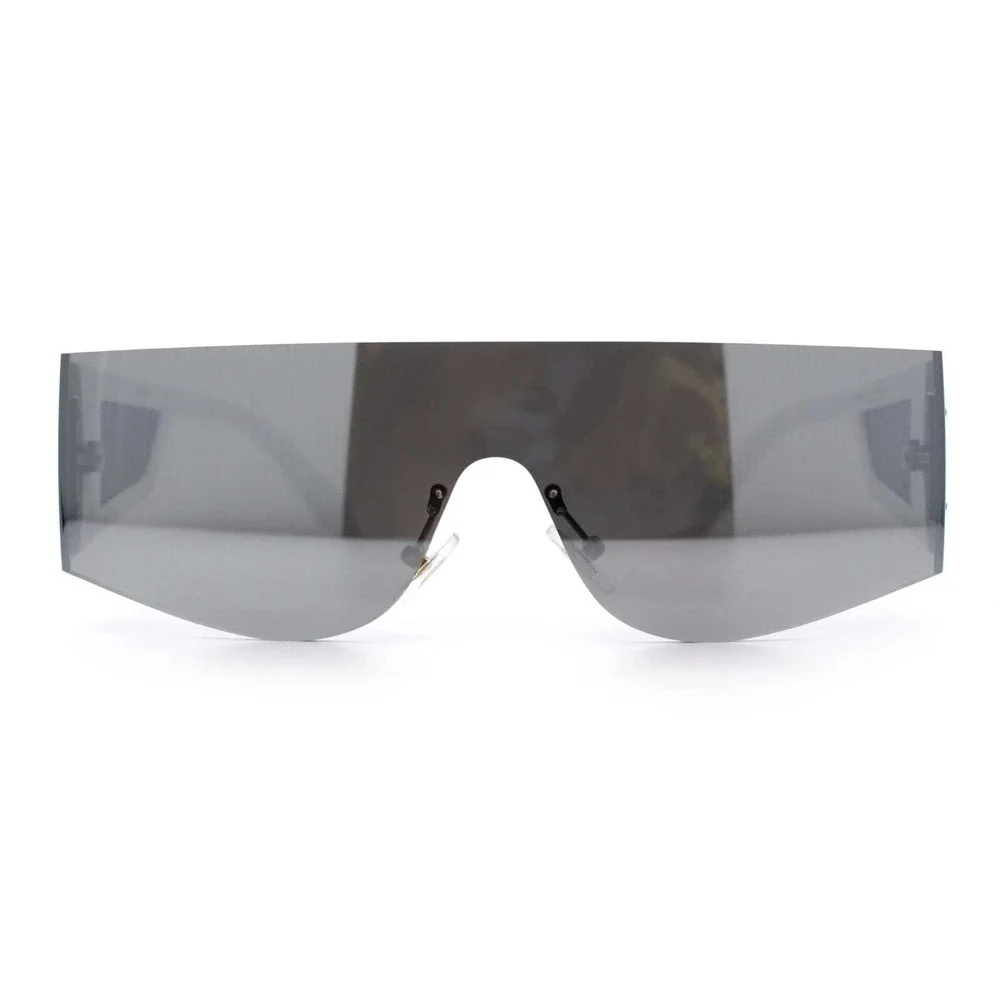 Mens Futuristic Shield Sunglasses Black Silver Mirror Wrap‎ Around Cyber Shades
